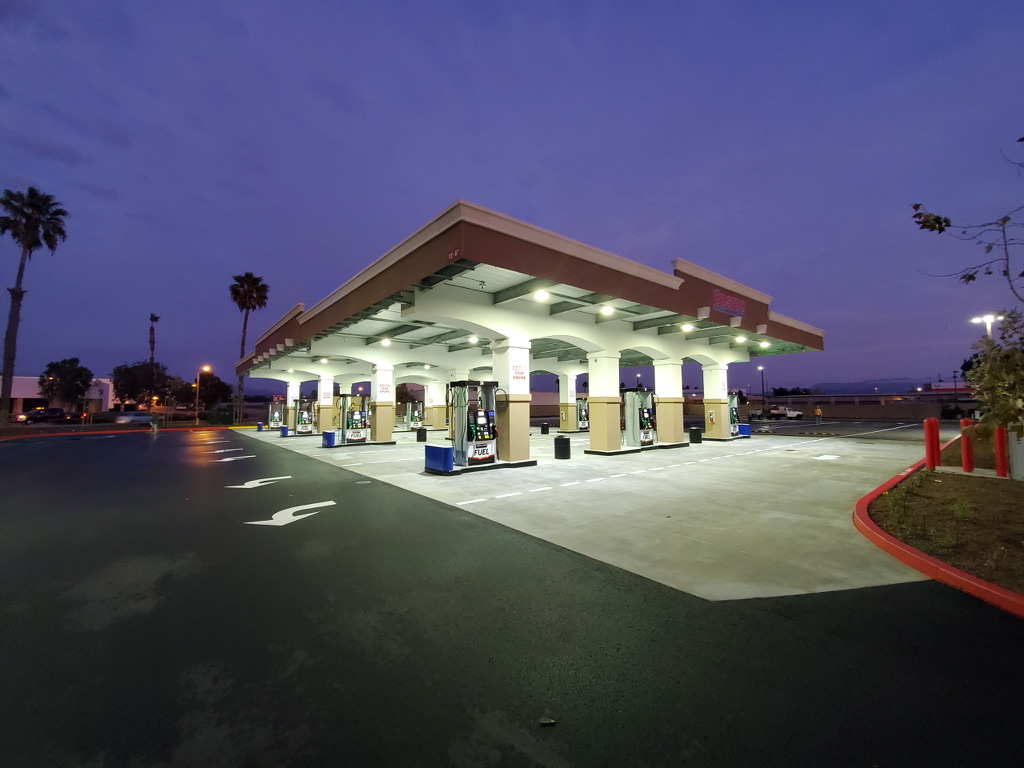 Completed Vasquez fueling station at dusk